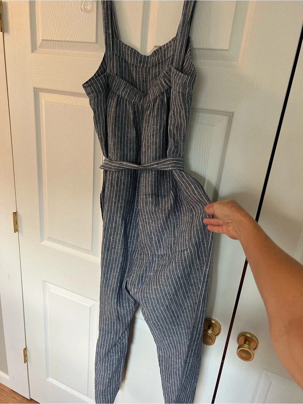 Quince Blue & White Striped Linen-Blend Sleeveless Jumpsuit with Tie Waist